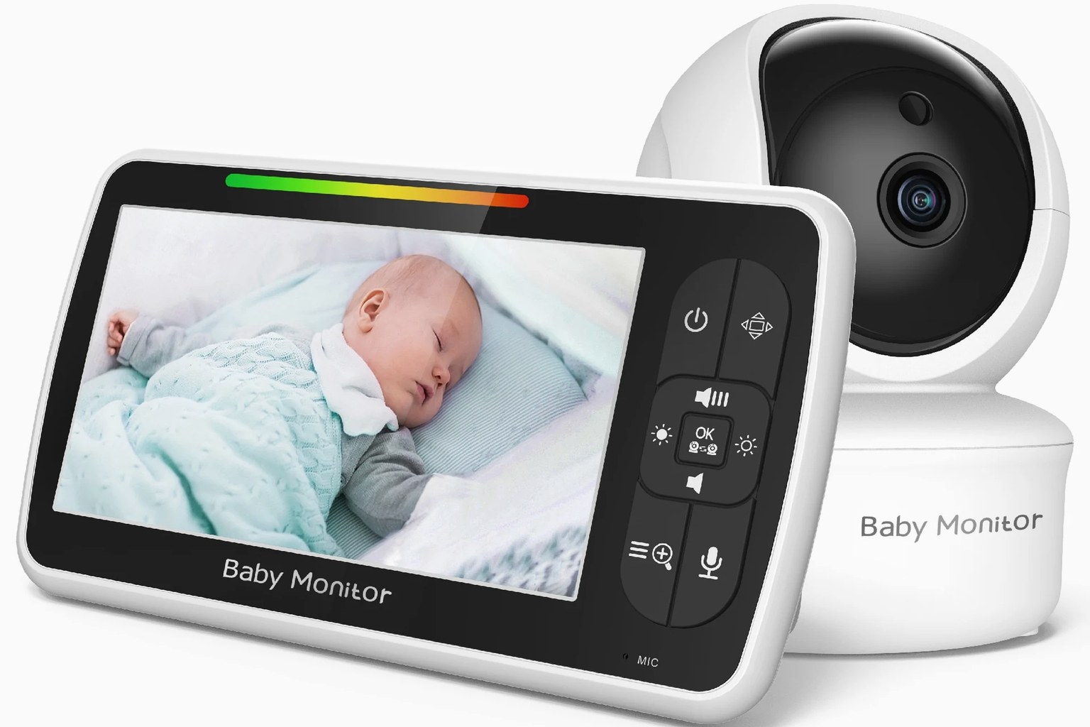Babystar SM650 camera beside a cot with its 5-inch parent screen showing a nursery view in a UK home